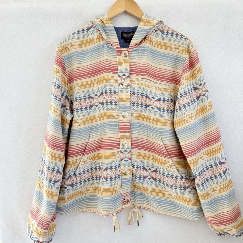 Pendleton Womens Button Front Beach Hoodie Large Tribal Aztec Pockets Soft Cozy